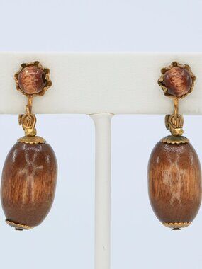 Vintage Miriam Haskell Brown Wood Bead Dangle Earrings 1960s